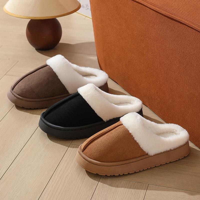 Fashion Crestar Women Plush House Slippers Fashion Faux Fur Collar Non-slip Platform Fuzzy Slides Winter Indoor Warm Fluffy Cotton Shoes