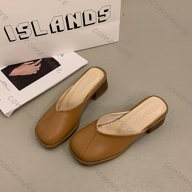 Fashion Comemore Woman Women Slip On Mules Baotou Slippers Casual Spring Summer Chunky High Heels Square Toe Solid Half Slipper Sandal