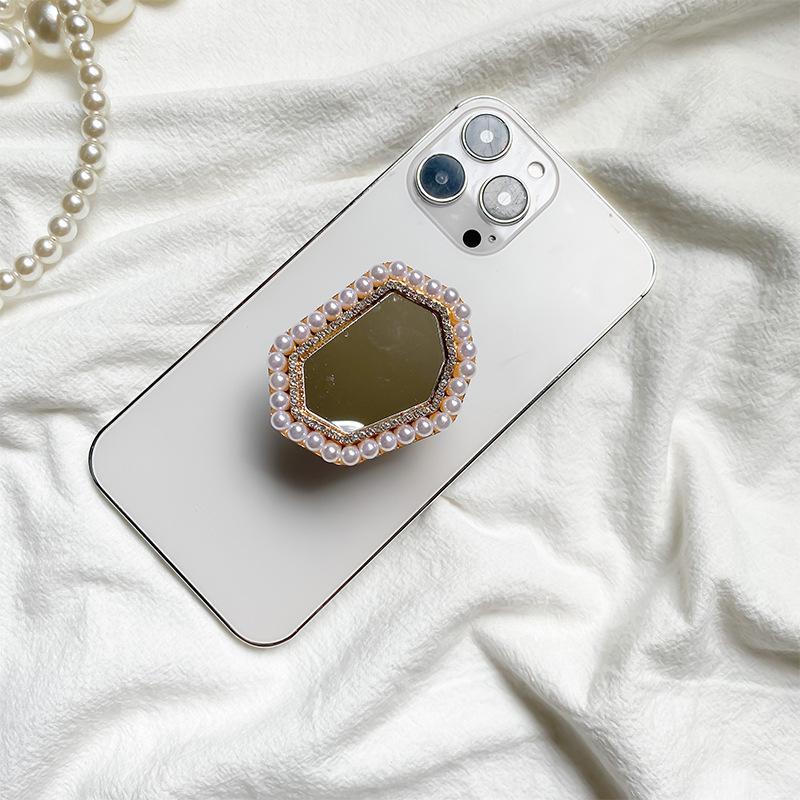 Mobile Phone Airbag Bracket, Pearl Ring Portable Vanity Mirror, Pasted Retractable Desktop Support, Stable, Niche, Portable