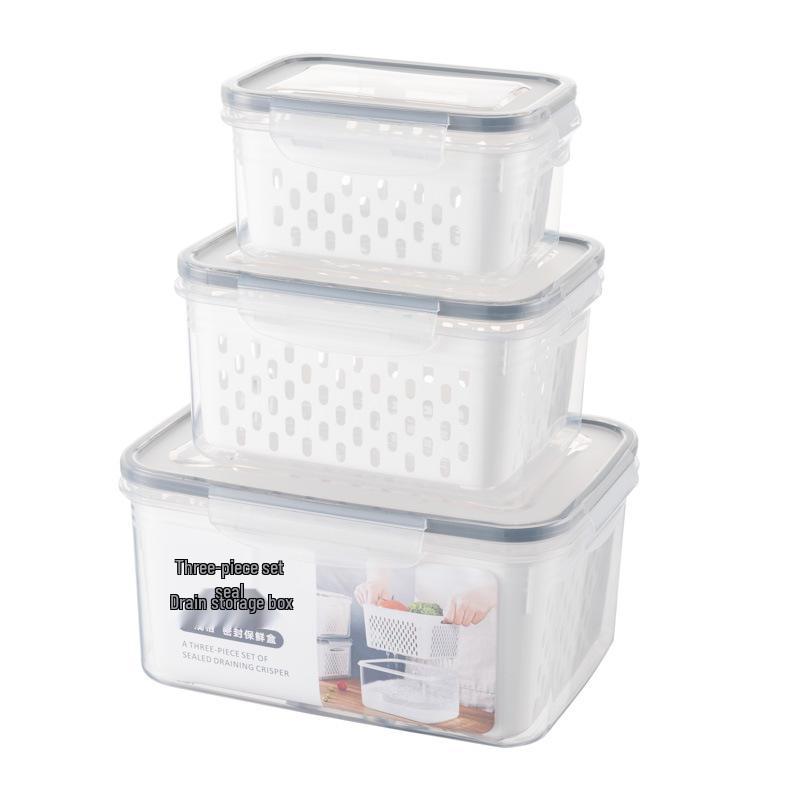 Dual-Layer Refrigerator Fresh-Keeping Box: Sealed Food Storage with Draining Basket for Fruits, Grains, and Cereals.
