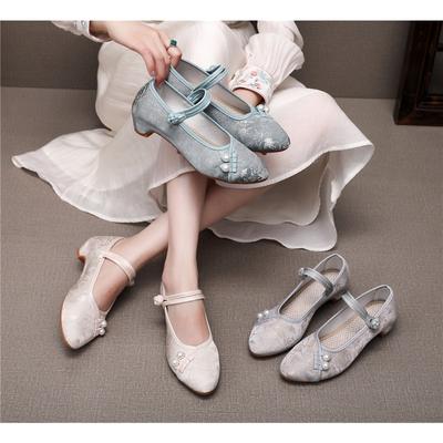 Dames schoenen in Chinese stijl met een middelhoge hak van 4 cm, champagnekleurig temperament en comfortabele geborduurde stoffen schoenen