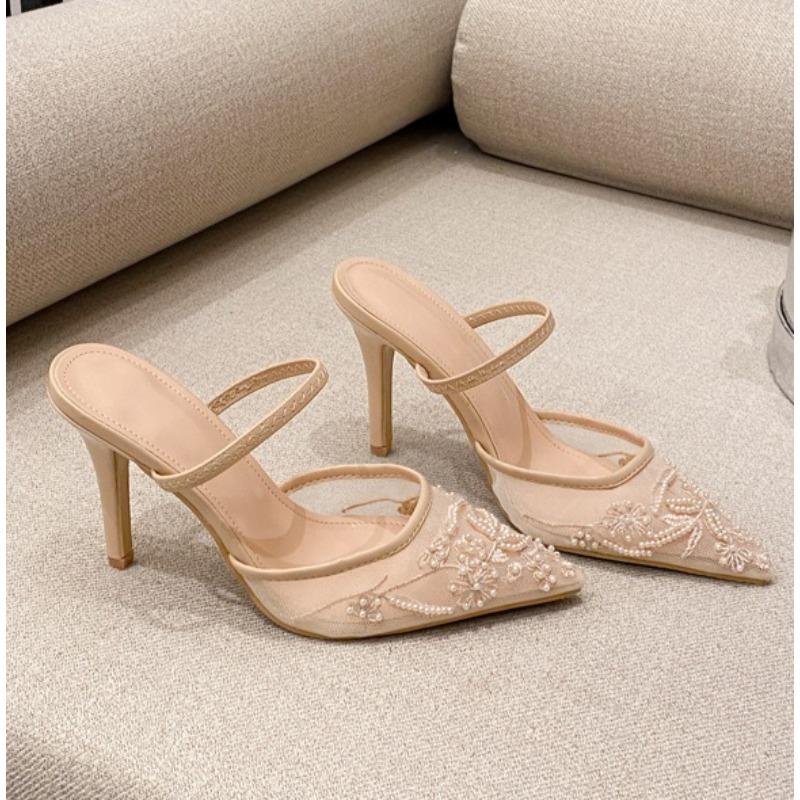 Luxury Brand High Heels Women Sandals Mesh Embroider Elegant Pointed Ladies Slingback Designer Party Wedding Bridal Dress Shoes