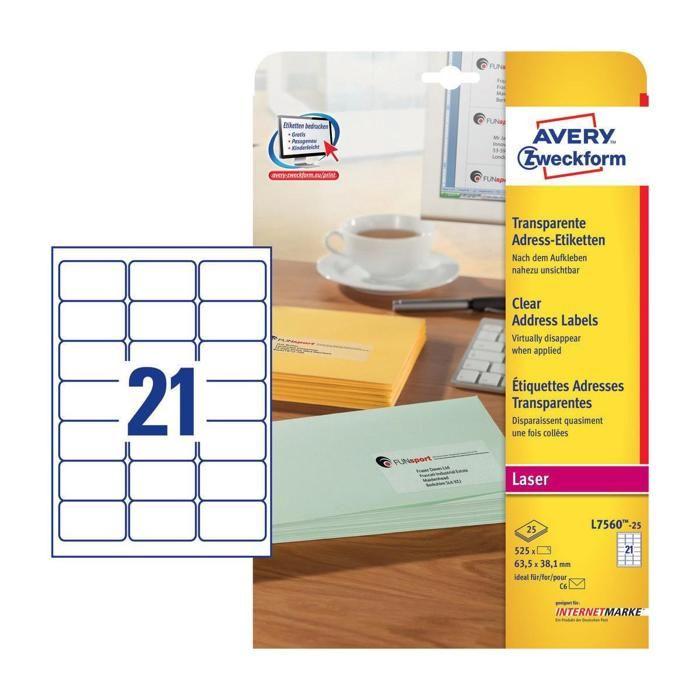 Avery Clair 63.5 x 38.1 mm 525 étiquette(s) (25 feuille(s) x 21) étiquettes adresses