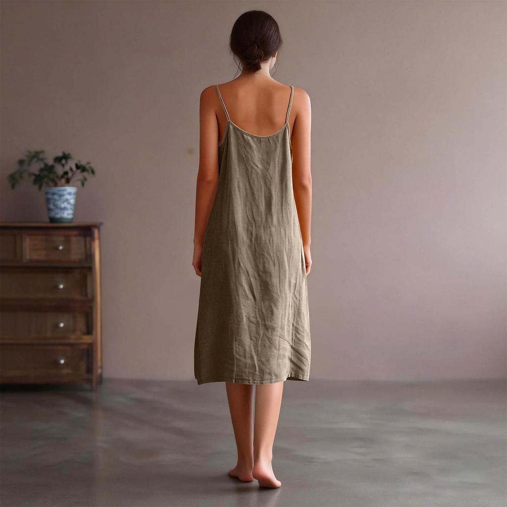 Women's Fashion Casual Loose Sleeveless Tank Top Cotton-Linen Mid Length Dress