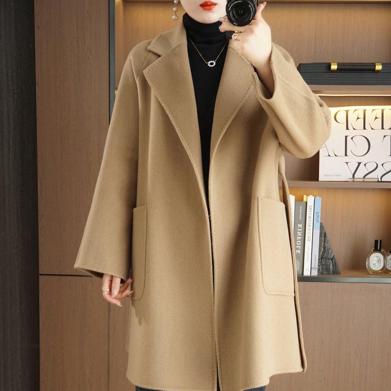 

Пальто из высококачественной двухсторонней шерсти: Женский костюм свободного кроя средней длины из 100% шерсти для осени/зимы, универсальный стиль L (140-155 lbs)