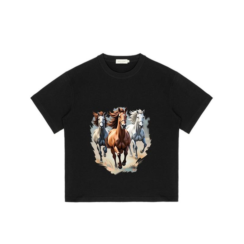 Men's T-Shirt Black Three Horses Running Print Casual Wear For Everyday Outfits And Outdoor Activities