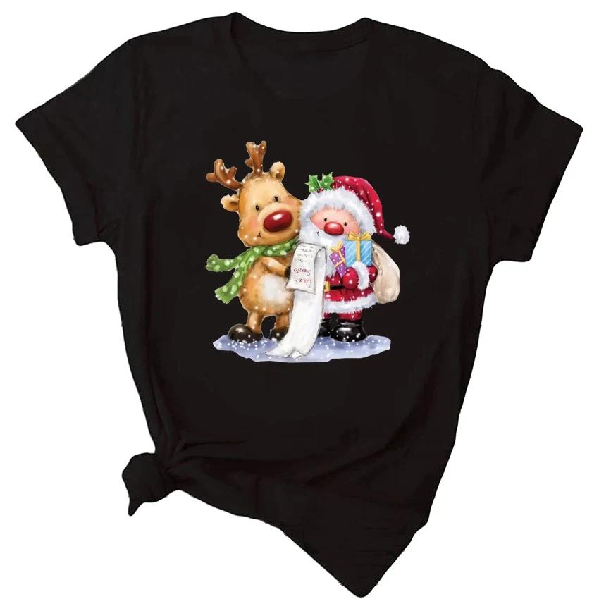 Maycaur Fashion Women's Top T-shirt Women's Merry Christmas T-shirt Fun Cartoon Christmas reindeer print Black T-shirt Women's