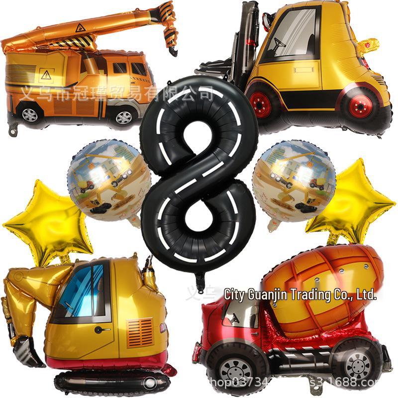 Cartoon Construction Vehicle Balloon Set: Forklift, Cement Mixer & Excavator for Kids' Birthday Decorations