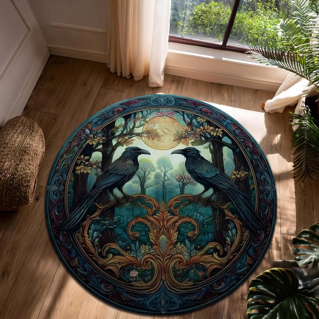 Raven and Full Moon Round Rug Gothic Witchy Carpet with Celestial Stars and Botanical Accents for Dark Boho Home Decor Mat