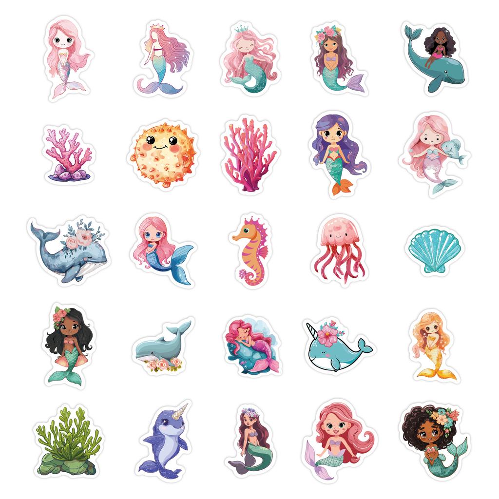 50pcs Original mermaid princess stickers for children, waterproof cartoon graffiti luggage mermaid stickers
