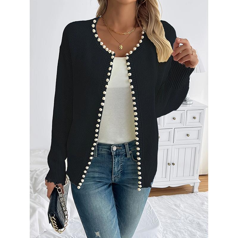 Casual Cardigan Sweater Women Pearls Decoration Elegant Long Sleeve Knit Coat Jacket Autumn Winter Lady Street Outwear