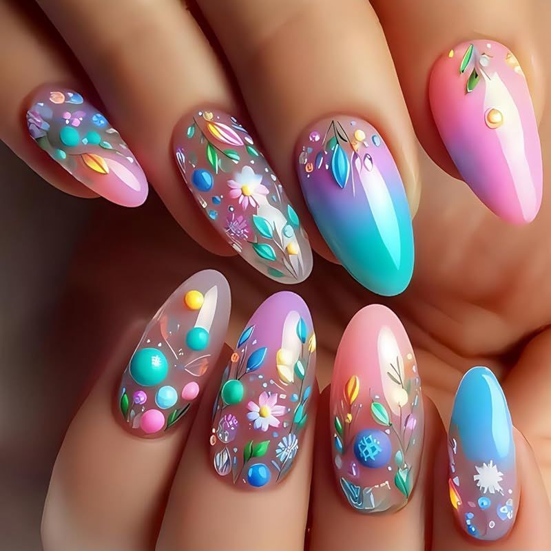 Кофе-пресс на ногтях Короткие Миндальные QUNQINLI Серебристый Глиттер Накладные Ногти Нюдовые Акриловые Накладные Ногти Пресс-онс с Листьями Гелевый Клей на Ногти Маленькие Наклейки Design Almond11