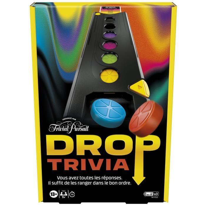 Drop trivia, elektronická skupinová hra s hlasem a zvuky, od 13 let, 2 hráči nebo +, 15 min, inspirováno Trivial Pursuit, hasbro ga