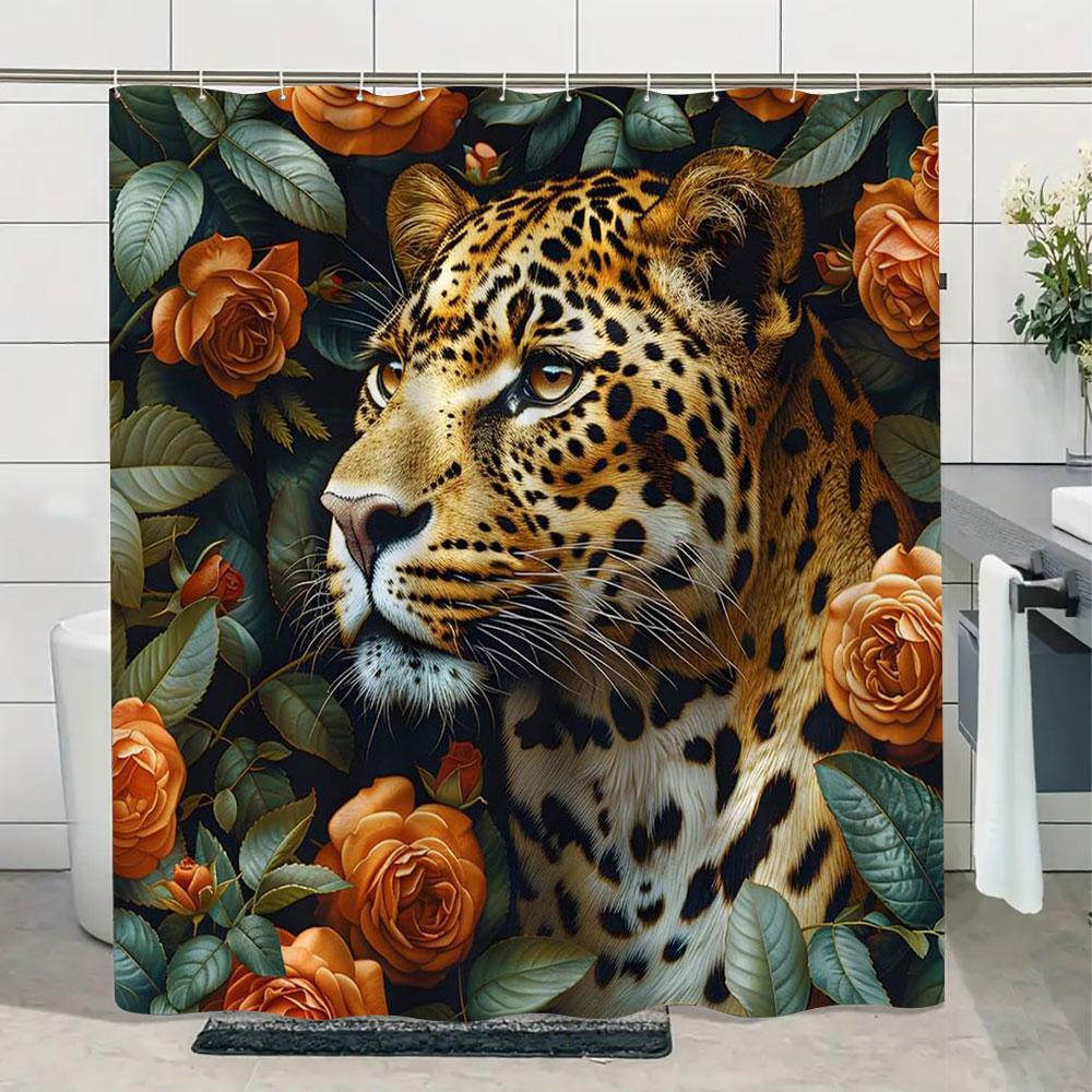 Jungle Wildlife Shower Curtain Tiger Plant Tropical Palm Leaf Polyester Fabric Shower Curtain Bathroom Decoration With Hooks Set