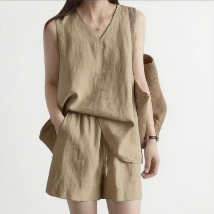 Summer Cotton Linen Casual Sleeveless Two-Piece Set Simple Top Shorts Fashion Design Comfortable Polyester Blend Women's Outfit