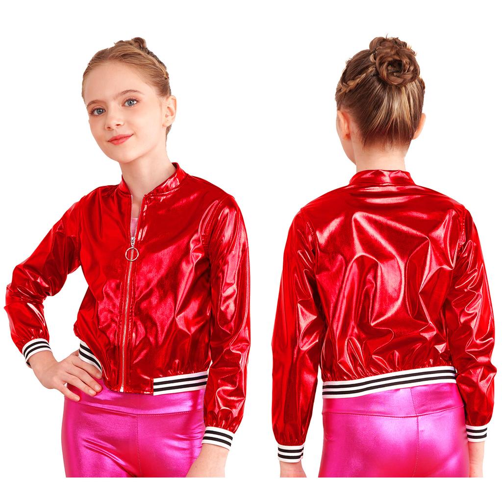 Kinder Mädchen glänzende Langarm-Baseballjacke, glitzernder metallischer Reißverschluss, Bomberjacke, Mantel, Oberbekleidung