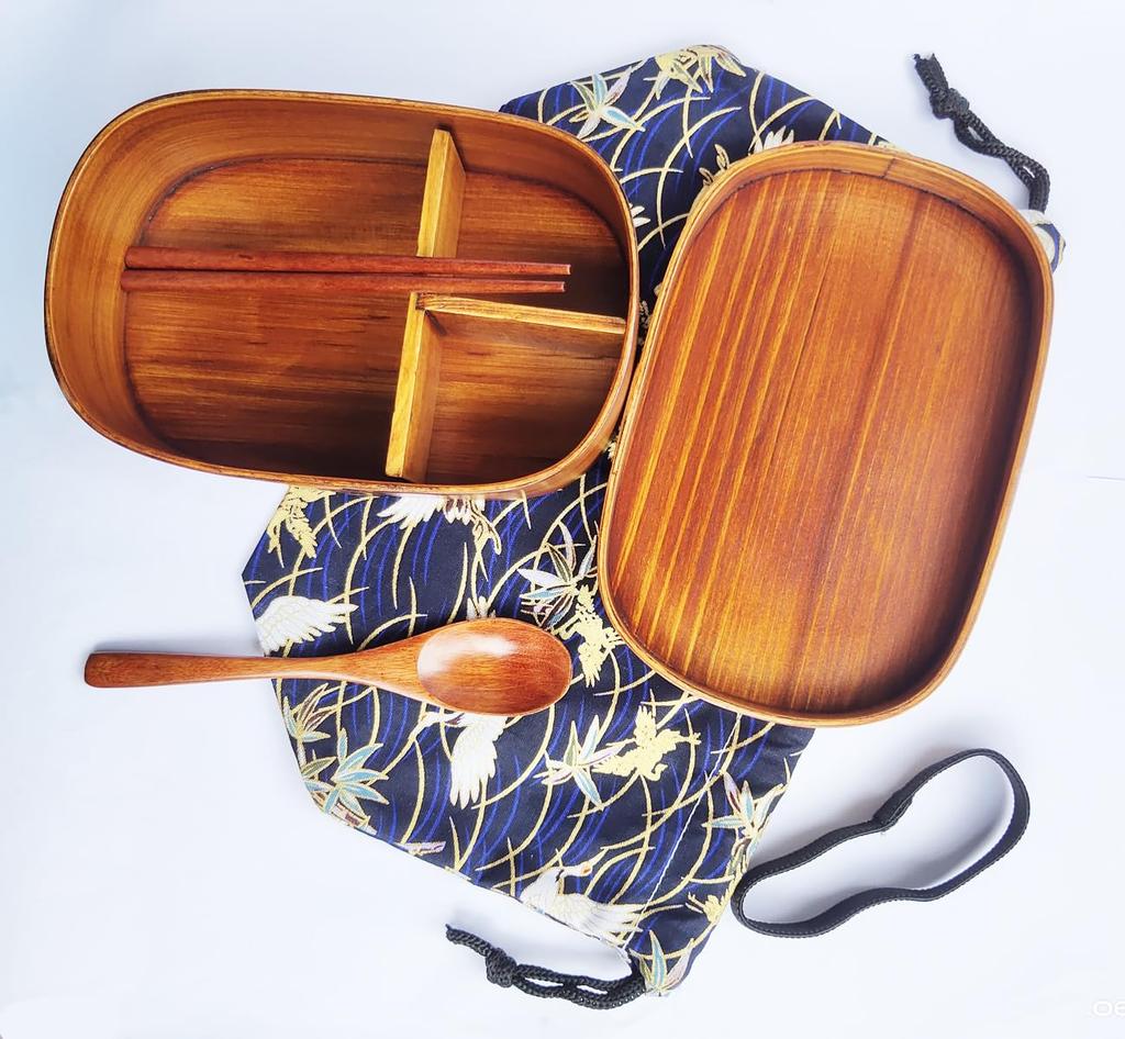 KXLCGYK Magewappa Bento 700ml Single Magewappa Natural Lacquer Blue Drawstring Wooden Spoon and Chopsticks Perfect for Commuting or School Box, Oval,