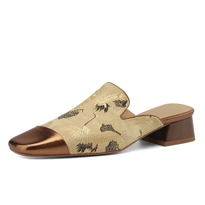 Square Toe Women Slippers Spring Mid Heels Slingback Shoes Retro Elegant Woman Pumps 2025 Trend Dress Cozy Ladies Shoes