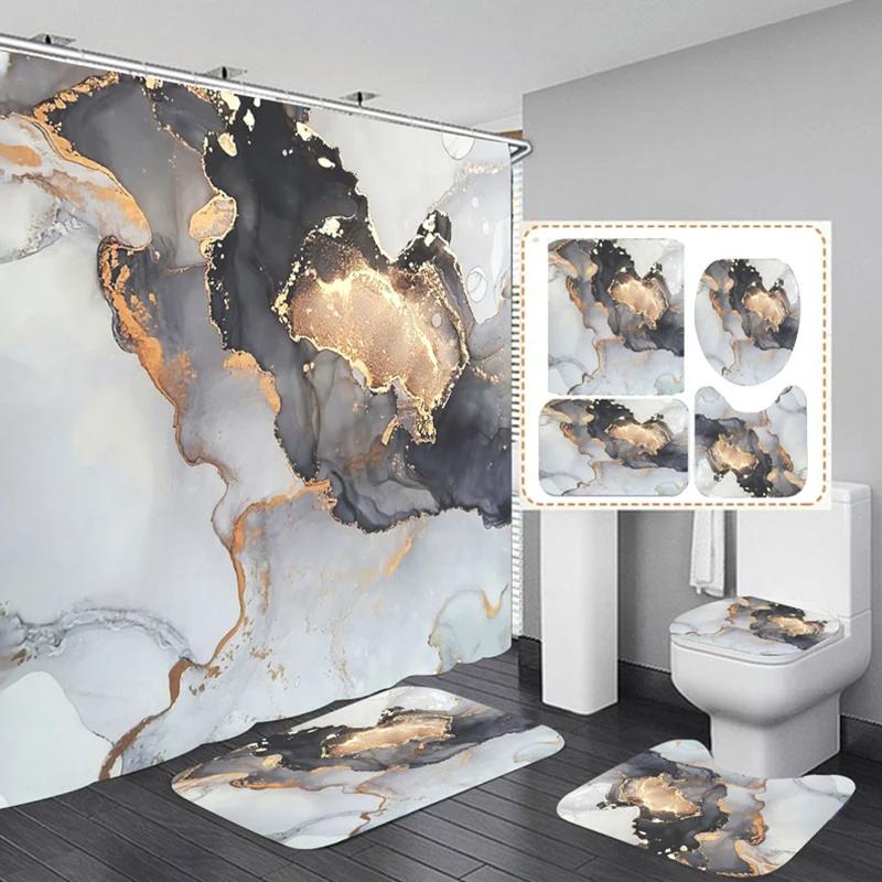 3D Marble Shower Curtain Set Non Slip Bath Rug Waterproof Bathroom Curtain With Hooks Modern Style Toilet Lid Cover Home Decor