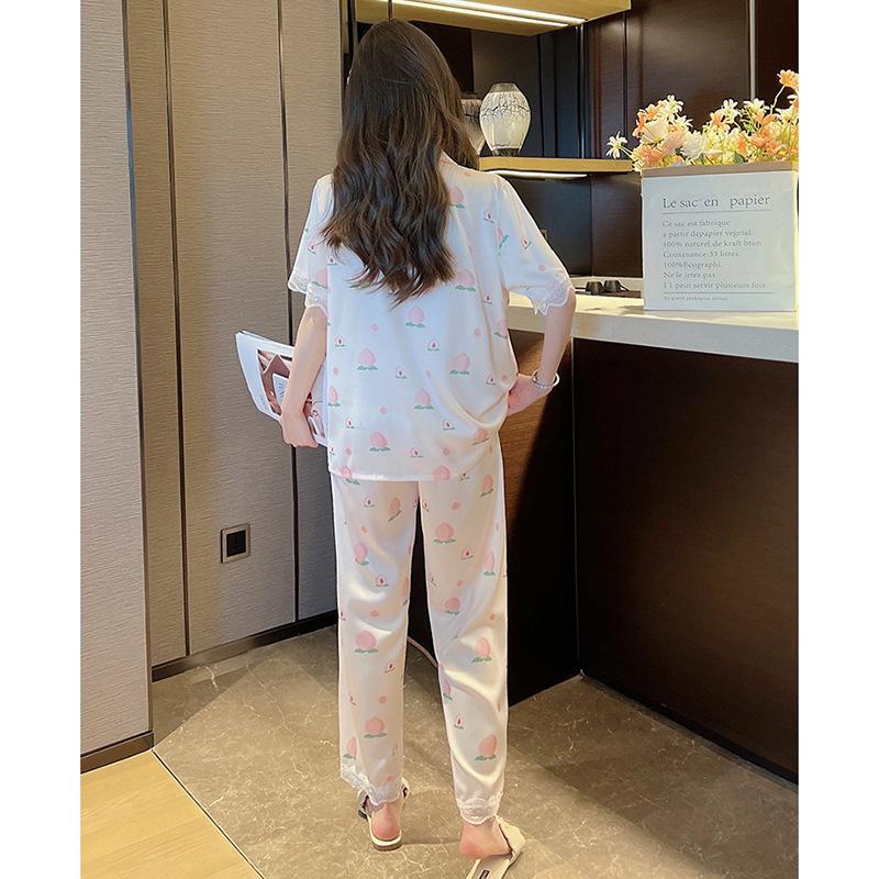Peach Lace Pajamas Women'S Summer Ice Silky High-End Short-Sleeved Trousers Sweet Home Set