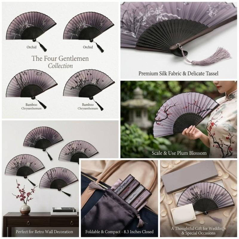 B97A-Tassel Decorative Fan, 4 Pcs Folding Fans, Chinese Style Hand Holding Fans, Retro Style Foldable For Dance Performa Perform