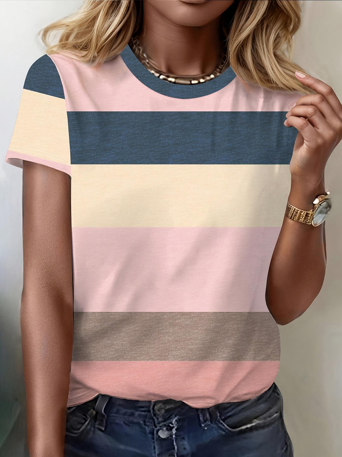 

New 2026 Women s Plus Size Plaid and Stripe Round Neck Short Sleeve Top In Yellow/Red. L розовый