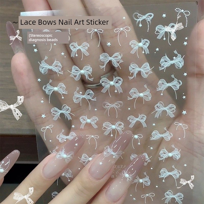 

Three-Dimensional Embossed White Ribbon Decorations Nail Stickers 1 Pearl Lace Bows sticker