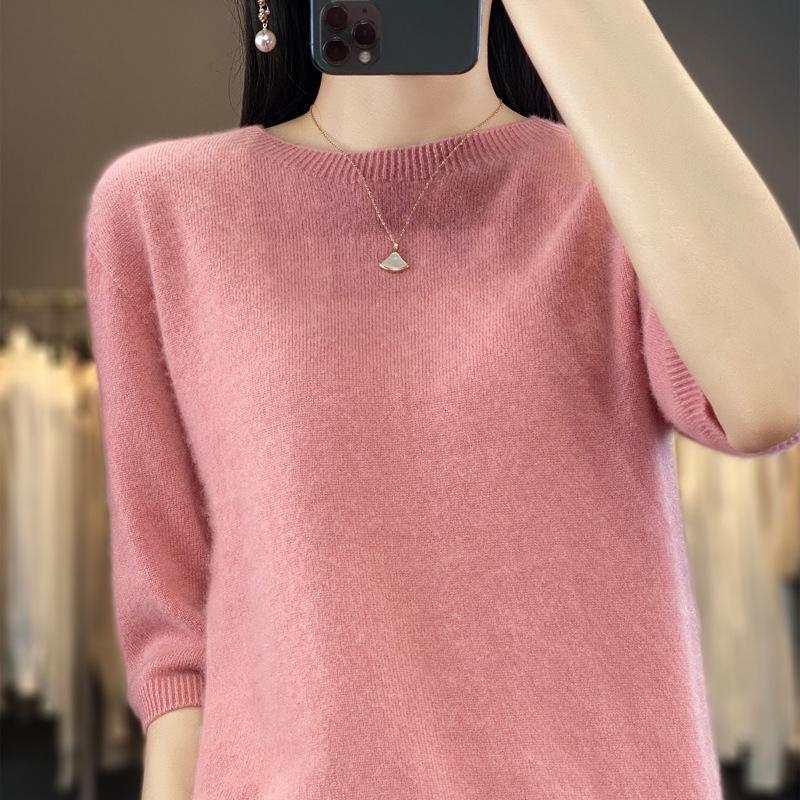 

Women s Loose Fit Solid Color Knitted Sweater - Round Neck, Half Sleeve Small