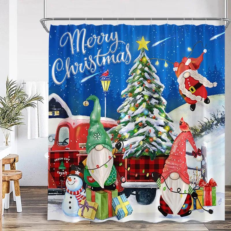 Red Santa Claus Shower Curtains Green Pine Bough Xmas Balls Snowflake Christmas Bath Curtain Set Home Bathroom Decor With Hooks