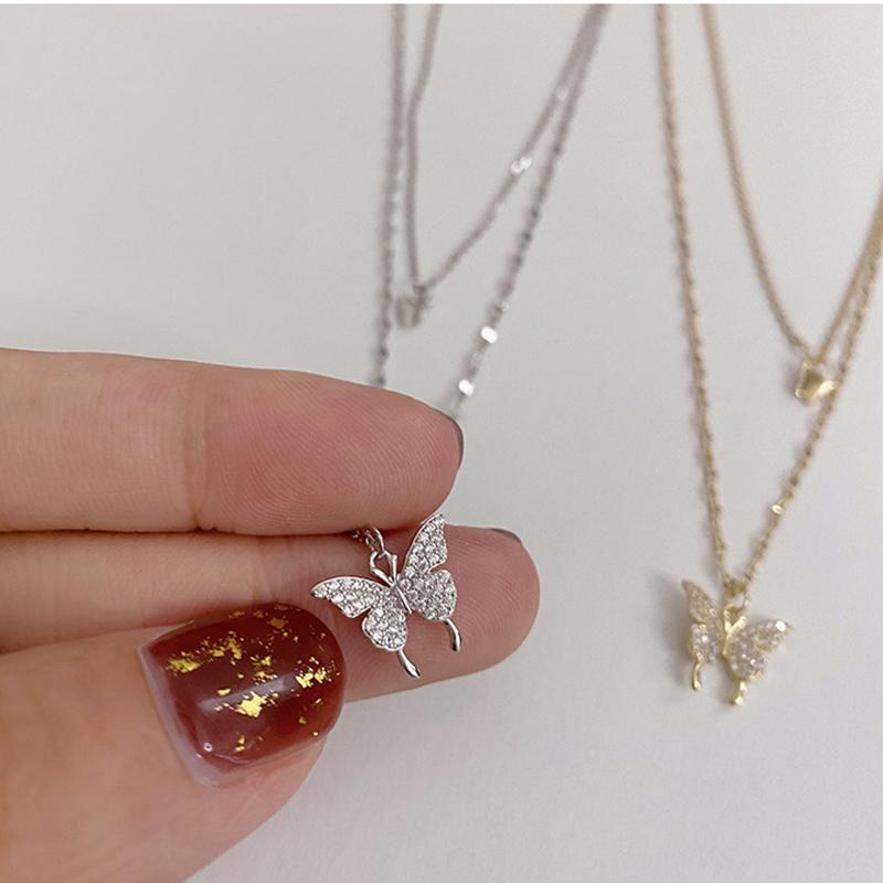 925 Sterling Silver Flash Diamond Butterfly Double Necklace for Women Simple Design Crystal Elegant Wedding Jewelry Gifts