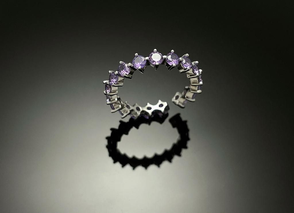 Wooing 4-Prong 3Mm Silver Compass Layering Ring Purple Amethyst Stone