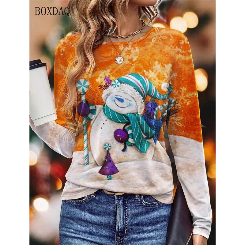 Long Sleeve Christmas Snowman Pattern Women T-Shirts Autumn Winter 3d Print