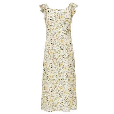 Ruffle Floral Print Waist-Cinched Maxi Dress