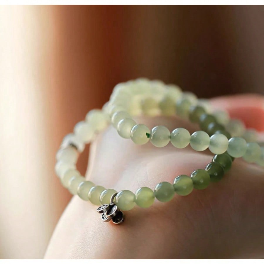 Hetian Jade Green and White Jade Gradual Change Bracelet New Chinese Literary and Retro Style Suisui Ping An Silver Blessing Bracelet