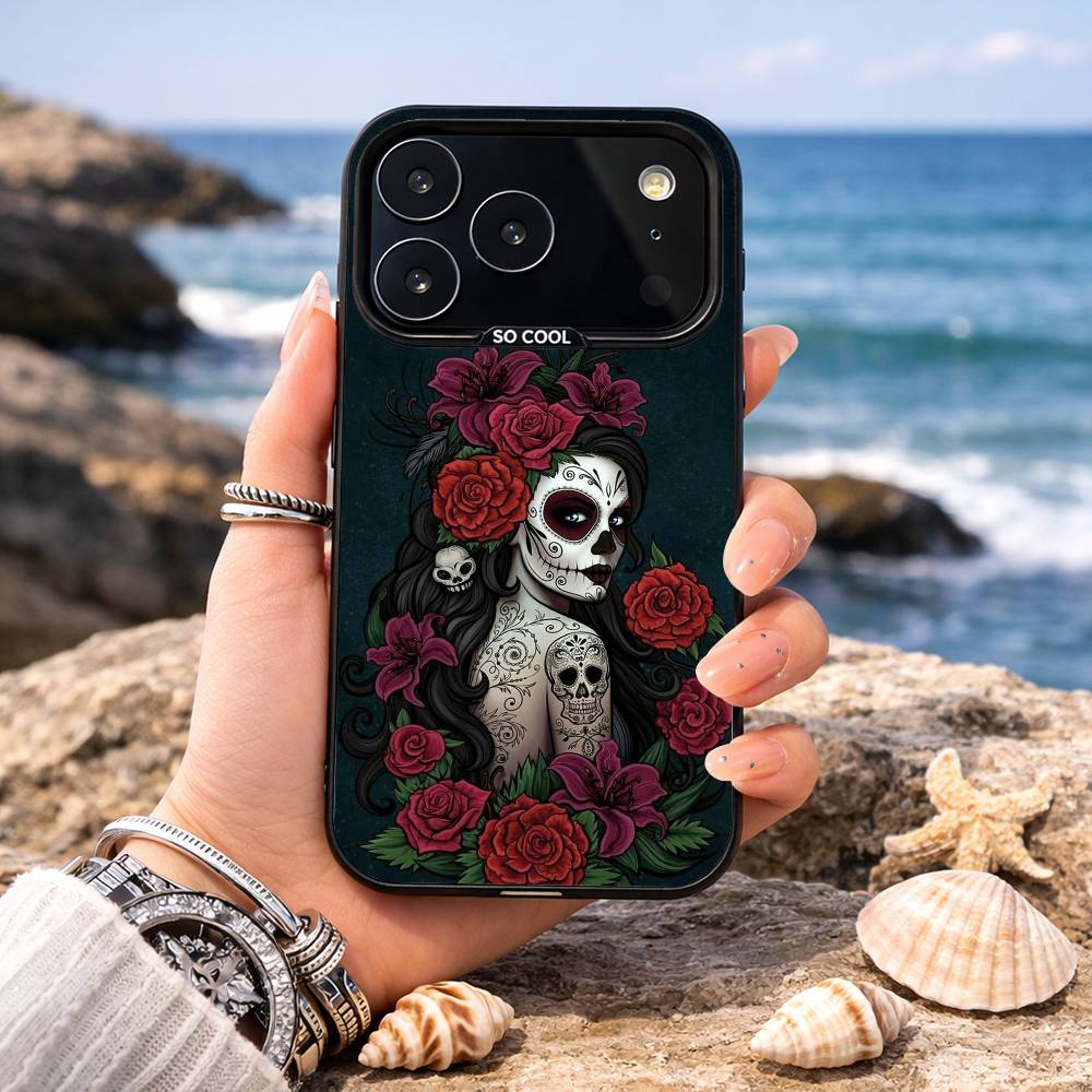 Day of the Dead Mexican Catrina Skull Phone Case For iPhone17 16 15 14 13 12Pro Max Grey Black Matte Laser Metallic Aurora Funda