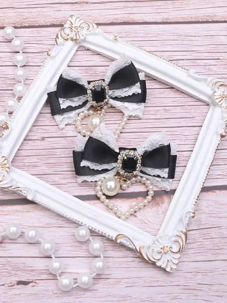 [1 Pair] Cute Hairpin Lolita Cosplay Y2K Hairpin Things for Girls Hair Bow Pearl Lace Girls Hairpin Hair Buckle