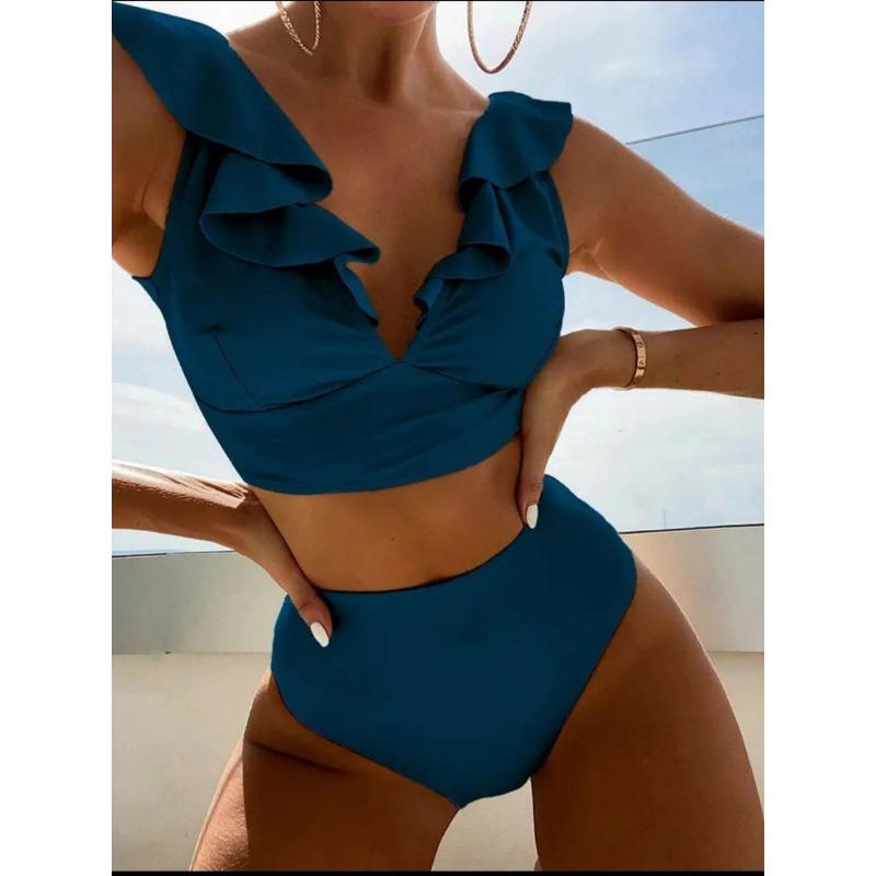 Women Bikini 2 Pieces Solid Color Ruffles Sexy High Waist Bathing Suit Beach Swimwear Female Summer Swimsuit