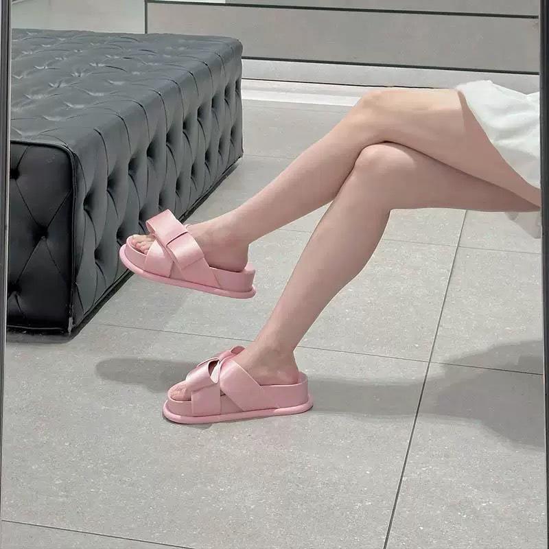 

Sheepskin version~ summer new bow thick-soled casual sandals lazy slippers women s super soft-soled outer wear one-word drag 40
