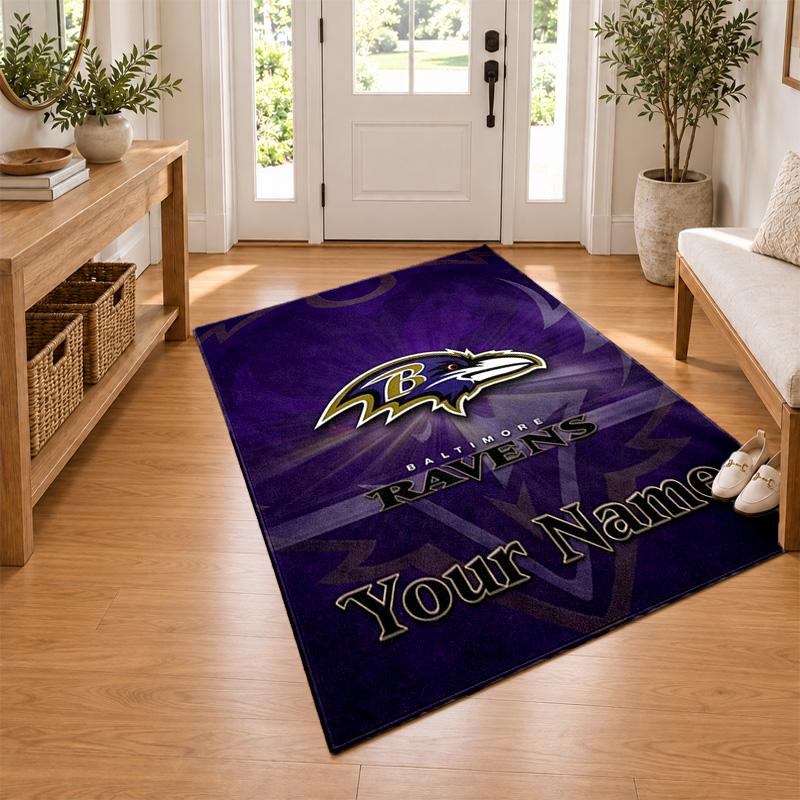 Baltimore Ravens Custom Name Personalized Rug Non‑Slip Doormat Floor Carpet Housewarming Birthday Gift for Family Friends