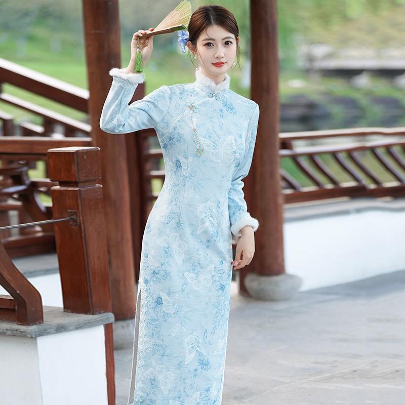 Long Sleeve Winter Warm Chinese-Inspired Dress With Stand Collar Side Slit Blue Thick Lined Qipao Style Women