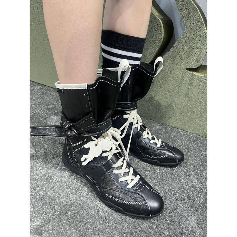 Cowhide Version~ Flat Bottom Inner Height Increase Leather Martin Boots Women's New Boxing Boots Frosted Leather Lace-up Short Boots