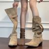 Cowhide Version~ Thick Heel Leather Retro Long Boots Women's Belt Buckle Pleated Stacking Boots Tall Western Cowboy Boots