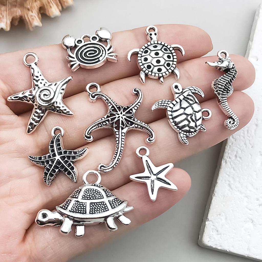 Antique Silver Ocean Starfish, Seahorse & Shark Pendant Charm for DIY Jewelry