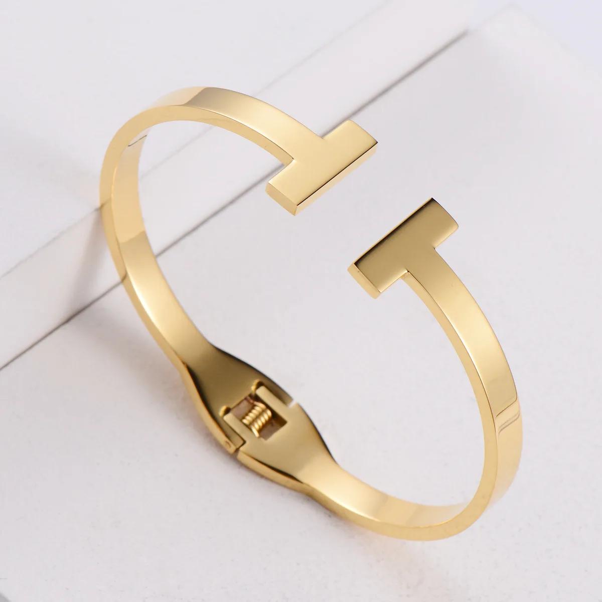 

Double T Letter T Bracelet Dual Row Spring Polished Mirror Surface Titanium Steel Plated Vacuum Jewelry Accessory Hand Ring Steel color