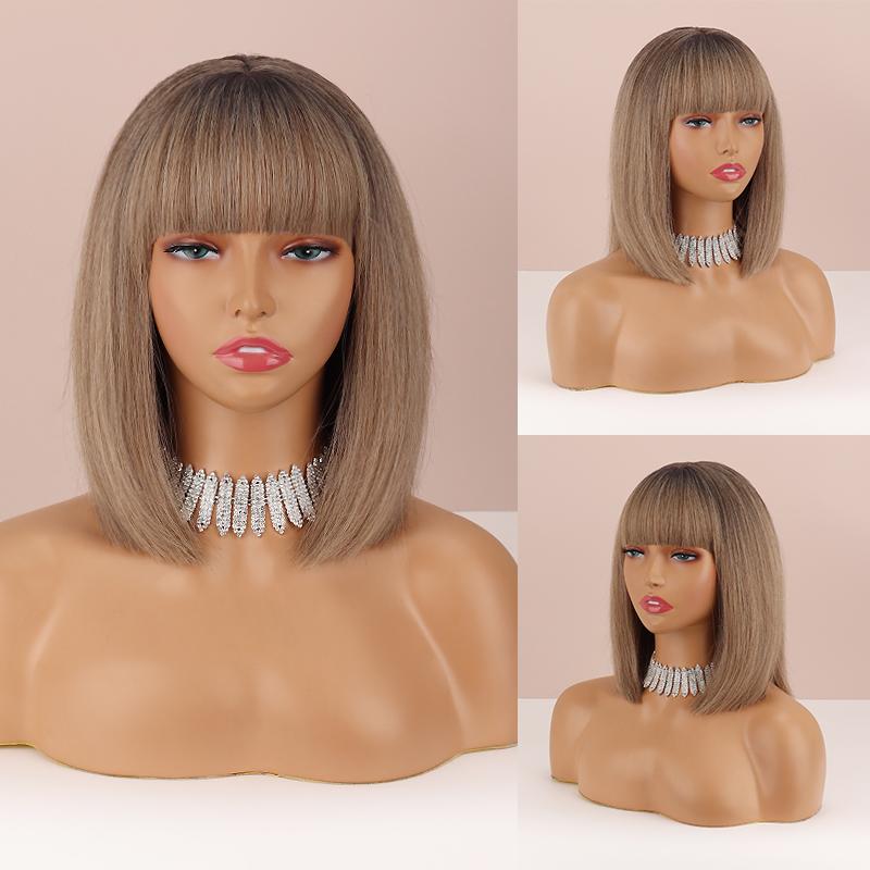 MISS WIG Ombre Коричневый Блондин Цвет Женская мода Короткий прямой парик Боб с челкой Синтетическое волокно Натуральный парик Боб Повседневная одежда