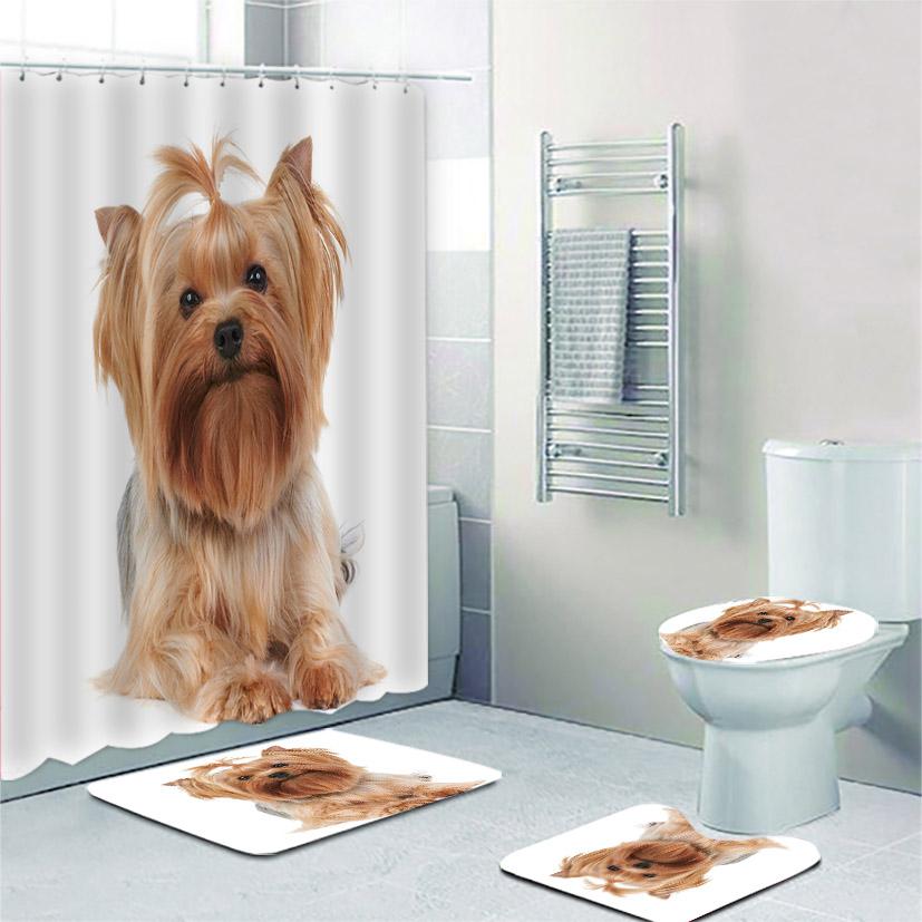 Funny Laughing Yorkshire Terrier Dog Bathroom Shower Curtain Set Sitting Yorkie Puppy Doggy Bath Mats Rugs Toilet Bathroom Set