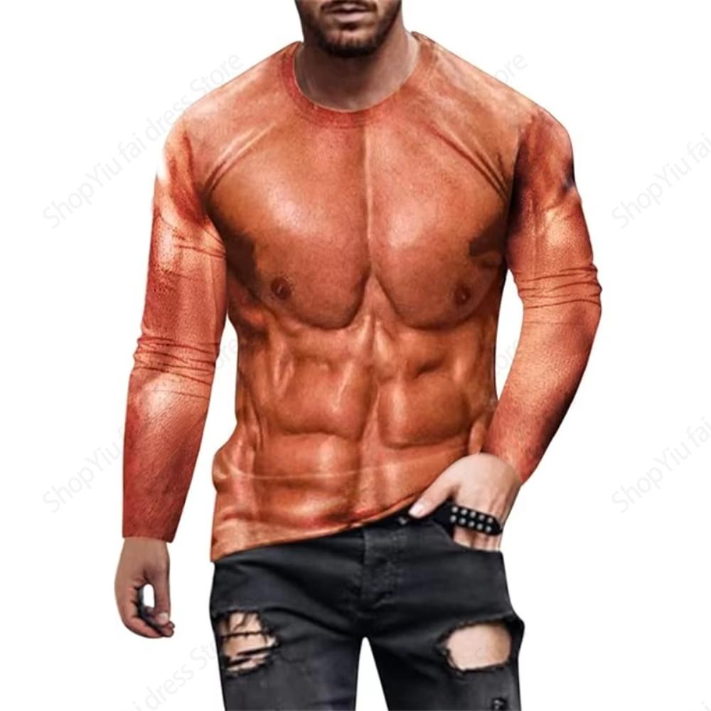 3D Funny Muscle Body Printed T-shirts Slim Oversized Round neck Long Sleeve T-shirts Ugly Chest Hair Tops