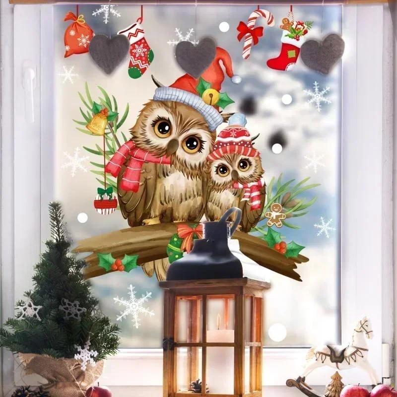 Christmas Owl Branch Wall Stickers Living Room Glass Window  Mural Bedroom Decor Self Adhesive Animal Decals Home Decoration