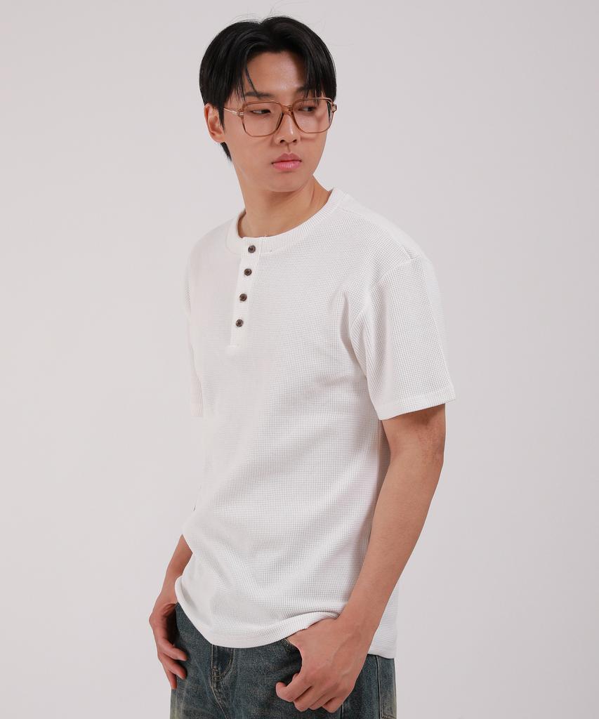 Dibellobeu Basic Henley Neck Waffle Short Sleeve T-Shirt_Ivory