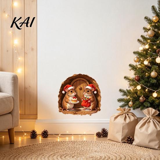 Funny Holiday Gifts 3D Mouse Hole Wall Sticker for Christmas Decoration, Realistic Santa Decal, Waterproof PVC Removable Glass Decals Art Home Window